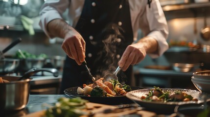 A chef is plating a dish in a restaurant kitchen. The chef is wearing a white chef's coat and black...