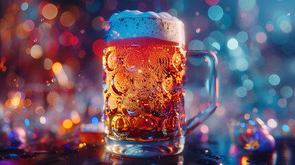 Creative, colorful illustrations of beer mugs in festive settings. Oktoberfest.