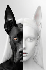 Fashion juxtaposition of an albino girl and a black Great Dane