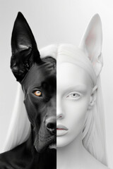 Obraz premium Fashion juxtaposition of an albino girl and a black Great Dane