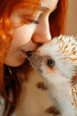 Charismatic albino girl with red hair and a small hedgehog