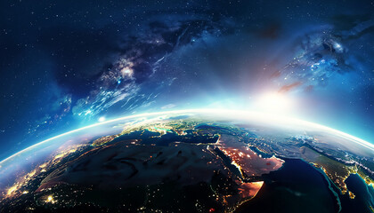 Panoramic view on planet Earth globe from space. Glowing city lights, light clouds.
