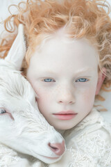 Charismatic albino girl with red hair and a white fawn