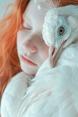 Charismatic albino girl with unique white skin and red hair with a white peacock