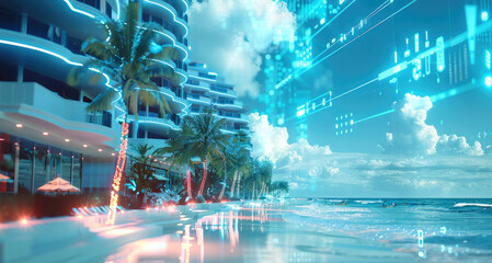 Stock graph goes up in front of a beach hotel, with a color bitmap matrix code lines flowing, with circuitry and digital elements surrounding them. Generative AI.