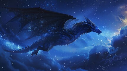 Majestic blue dragon with night sky full of stars.