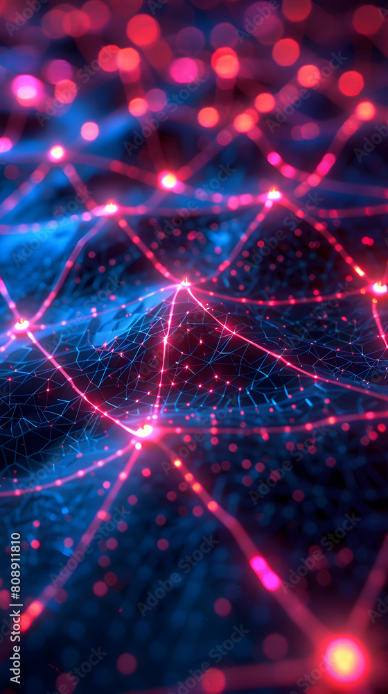Poster digital network gridlock: glowing neon grid represents locked pathways in photo realistic concept
