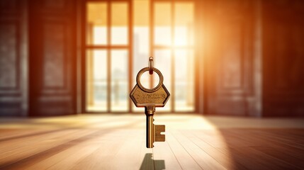 Opening door with golden house key chain on fuzzy interior background and mockup for your advertisement.