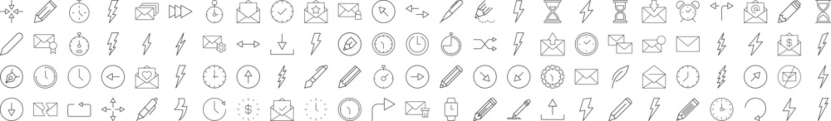 Collection of Line Icons of clocks, lighting, arrows, envelops, pens. Suitable for books, stores, shops. Editable stroke in minimalistic outline style. Symbol for design