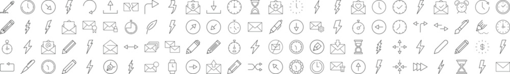 Collection of Line Icons of clocks, lighting, arrows, envelops, pens for Adverts. Suitable for books, stores, shops. Editable stroke in minimalistic outline style. Symbol for design