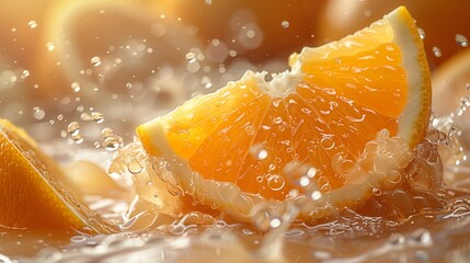 A fresh orange slice submerged in water, creating a burst of vibrant colors and textures