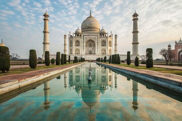 The serene Taj Mahal reflected in its pool, Architecture of ancient monument, Ai generated