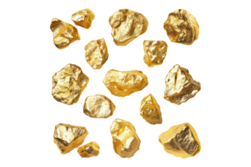 Collection of gold nuggets isolated on transparent background
