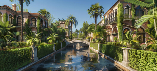 A photorealistic rendering of an elegant Italian style street with a small canal in the middle, palm trees and lush greenery on both sides of the waterway, from a low camera angle perspective view. Th - Powered by Adobe