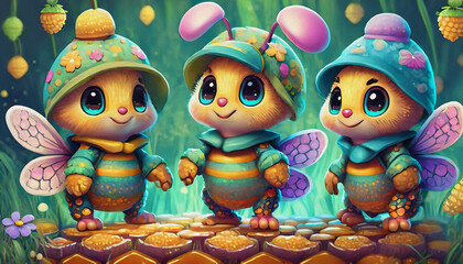 oil painting style cartoon character illustration Many cute baby bees dig around on honeycombs in which there is honey,