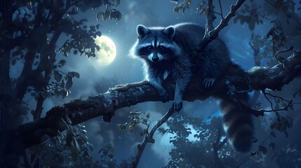 8K wallpaper of a raccoon perched on a tree branch in a moonlit forest, with soft light highlighting its distinctive markings against the dark foliage