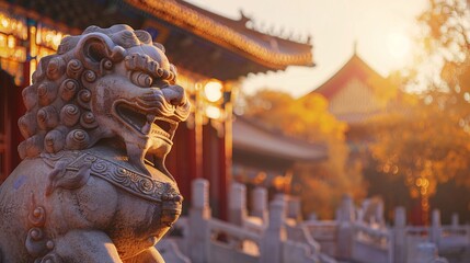 Golden Hour at Chinese Temple with Traditional Stone Lion Statue
