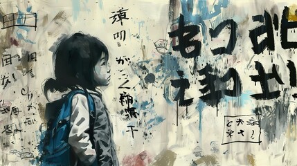 artful graffiti style illustration, a girl dream and hope concept, young child with messy  grungy wall, Generative Ai