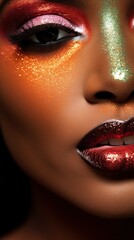 Fototapeta premium Makeup with dark burgundy lips close up. Glitter metallic red wine color lipstick. Fashion make-up close up. African American model. Beautiful black girl
