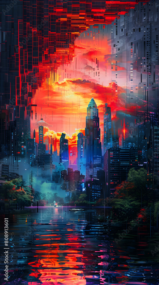 Poster pixelated dreamscape: photo realistic image of abstract forms and digital hues in a surreal dreamsca
