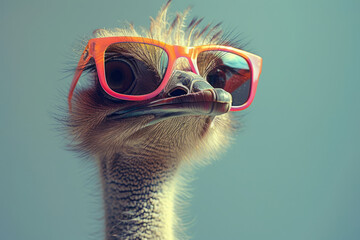 Quirky ostrich with bright sunglasses on a blue background - obrazy, fototapety, plakaty