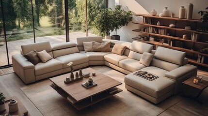 Aerial view of a comfortable living room with a spacious sectional sofa and stylish furniture, highlighted by a backdrop of natural lighting