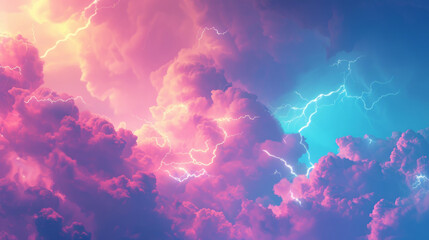 Pastel-colored clouds in the sky, with a blue and pink background featuring lightnings, are styled with transparent layers.