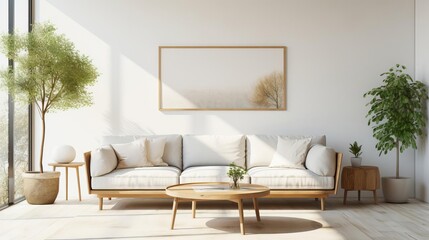 Airy living room with modern decor, including a white sofa, a round coffee table, and a blank wall poster in a welllit space