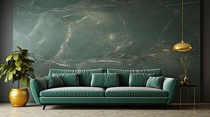 Art Decoinspired modern living room in a home setting, showcasing a bold green sofa against a backdrop of a sleek marble stone wall, highlighting refined taste