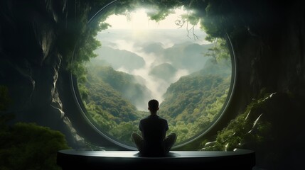 Person meditating looking out circular window.