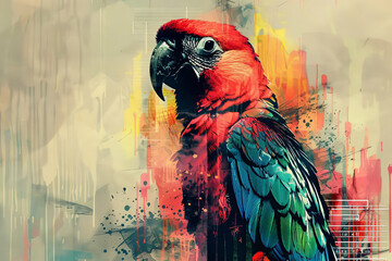 Colorful parrot with abstract art background in digital style