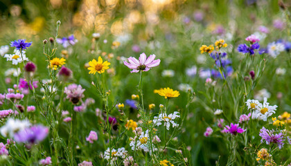Multi-colored beautiful wildflowers bloom on a green meadow. Warm summer evening.
