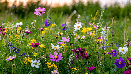 Obraz na płótnie Canvas Multi-colored beautiful wildflowers bloom on a green meadow. Warm summer evening.