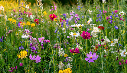 Multi-colored beautiful wildflowers bloom on a green meadow. Warm summer evening.