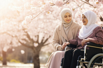 Young arabic disabled teenager girl woman in hijab sitting in wheelchair walking in spring blossom park fresh air together with caregiver, mother or grandmother Health and care for disability children