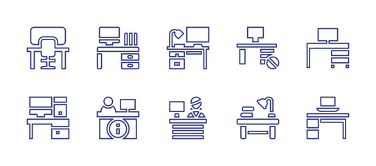 Desk line icon set. Editable stroke. Vector illustration. Containing workplace, desk, info, reception desk.