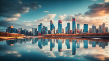 Skyscrapers with reflective surfaces capturing the surrounding skyline and clouds
