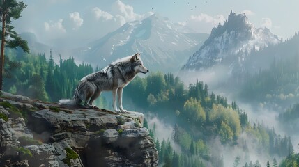 8K wallpaper of a wolf gazing intently from a rocky outcrop, with dense pine forests stretching out...