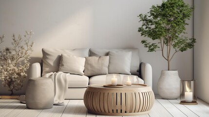 Chic and minimalist Scandinavian living room design, focusing on a wooden round coffee table with a calming candle arrangement near a contemporary sofa