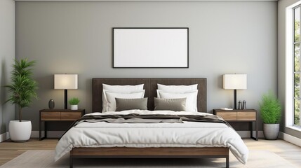 Chic and modern bedroom interior, highlighting a large framed poster positioned above an upholstered bed, against a sharply contrasting white and dark background