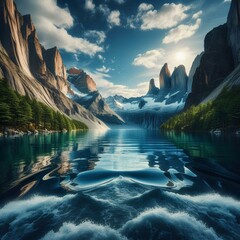 Une vue époustouflante d'un lac de montagne, où les falaises escarpées se dressent au-dessus de la surface calme de l'eau, reflétant le ciel bleu parsemé de nuages blancs