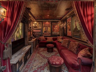 A red room with a red curtain and a red couch. The room has a movie theater theme with posters on the wall