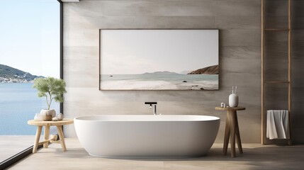 Chic bathroom interior showcasing a freestanding bathtub, a blank framed poster against a stylish textured wall, and a panoramic ocean view window