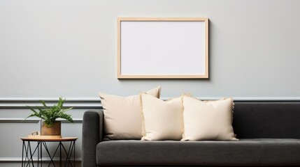 Chic and urban interior showcasing a frame mockup on the floor, against a neutral backdrop, ideal for artists and designers