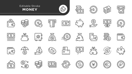 Money, finance, coin,currency and banknote. Set of line icons in linear style. Outline icon collection. Conceptual pictogram	
