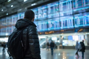 A solo traveler checking flight details on a digital display