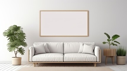 Chic living room featuring a comfortable white couch, contemporary coffee table, and a big blank poster on a clean white wall