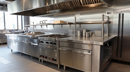 Professional kitchen, view counter in stainless steel.
