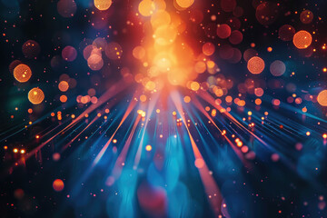 Abstract background with neon sparkle lines and defocused lights in blue, orange and purple color	