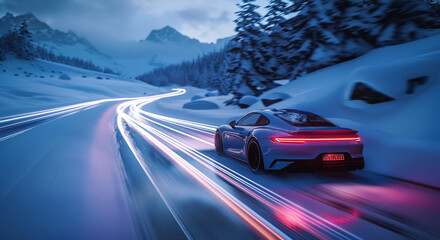 Compact car with light trails all around, riding on a road with ice surface, alps, blue and white...